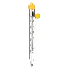 Analog stem thermometer for candy making, deep frying, and jelly preparation. Stainless steel case, 8 in overall length, ±5 °F accuracy, safety cap. NSF Certified and metal detectable for food safety.