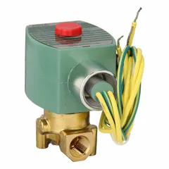 This 2-way, 2-position normally closed solenoid valve features a brass body and is designed for high-flow applications. It operates on 12V DC and has a 1/4 in pipe size. Suitable for use in fluid control systems such as water, air, and light oil circuits in industrial automation and process equipment.