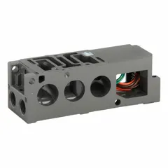 Plug-in manifold base for Mark 55 series pneumatic valves. Features a bottom-gasketed design with a female 1/2 in NPT port. Used in industrial automation for consolidating valve mounting and simplifying air distribution.
