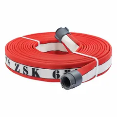 Double-jacket attack fire hose with 1 3/4 in inside diameter and 50 ft length. Constructed with synthetic yarn and nylon-reinforced NBR rubber lining. Features NST x NH couplings with aluminum rocker lugs. Suitable for delivering water at high pressure in structural or wildland fire suppression.