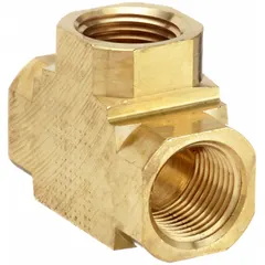 Threaded pipe tee for splitting or combining flow in high-pressure fluid systems. Constructed from C37700 brass with 3/8 in NPT connections on all three branches. Rated for maximum operating pressure of 1,000 psi. Overall length 1 43/64 in.