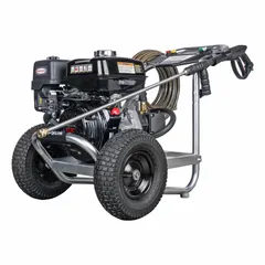 Cart-mounted cold water pressure washer delivering 4400 psi at 4 gpm with 11 11/16 hp. Powered by a Honda engine. Suitable for heavy-duty cleaning tasks such as stripping paint, cleaning concrete, removing grease, and washing large vehicles.