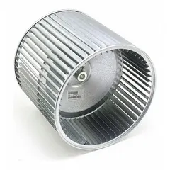 This dual-inlet forward-curved blower wheel has an 11-inch diameter and 10-inch width, with a 1/2-inch bore and CW hub end rotation. Constructed from steel with a tacked center design, it is used in HVAC systems to move air across heat exchangers or evaporator coils in forced-air heating and cooling applications.