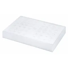 This white foam vial rack holds up to 48 tubes in 48 individual compartments. It is used for organizing and storing sample tubes in laboratory settings, keeping them upright and accessible during preparation, storage, and transport.