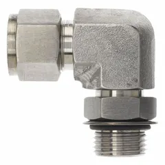 This stainless steel compression fitting elbow connects 3/8 in OD tubing to a 1/2 in OD male O-ring boss port. It features a single-ferrule design for leak-free connections in hydraulic and pneumatic systems. Clean & Bagged for critical-service applications. Compatible with Parker CPI fittings.