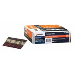 Collated framing nails with a 3.25-inch length, plain finish, smooth shank, and diamond point. Supplied in a 2,500-count pack for use in pneumatic nailers. Suitable for structural framing, sheathing, and decking in wood-to-wood applications.