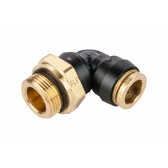 This composite elbow fitting connects 5/8 in OD tubing to a 12 mm metric port. The push-to-connect design enables quick installation without tools. Suitable for pneumatic air brake systems and fluid power applications requiring a leak-free connection.