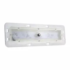 This rectangular LED dome light from GROTE operates on 12V DC and features a clear lens with a white housing. It is designed for recessed mounting with screw-type fasteners and has a hardwired electrical connection. With an overall height of 1 7/16 inches and length of 18 1/4 inches, it provides interior illumination for vehicles, trailers, and similar applications.