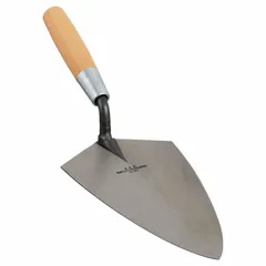 Philadelphia brick trowel with carbon steel blade and straight wood handle. Designed for masonry work including brick laying and pointing, the Philadelphia blade shape facilitates spreading and shaping mortar.