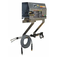 This cold water pressure washer operates at 1,000 psi and 2 gpm, powered by a 1 1/2 hp motor on 120 V single-phase. It features a direct pump drive, electric burner fuel, and a hot water intake for connection to a preheated supply. The wall-mount design saves floor space. Typical applications include cleaning equipment, floors, and vehicles.