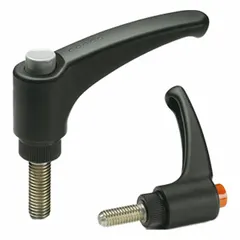 This teardrop-style adjustable handle features a black plastic push-button cap and a plastic body with a stainless steel threaded stud. The 5/16"-18 thread size and 1 in thread length allow for clamping, positioning, and adjusting machinery components in industrial equipment. The push-button mechanism enables quick release and repositioning for frequent adjustments.