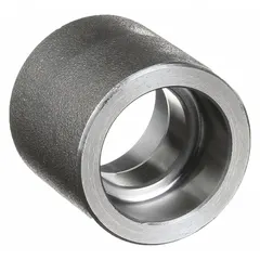 This socket-weld coupling is made of carbon steel and sized 3/4 in x 3/4 in with a Class 3000 pressure rating. It is used to join pipes in high-pressure piping systems, typical in industrial applications requiring reliable connections under extreme pressure.