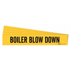 Yellow adhesive pipe marker with black legend reading 'Boiler Blow Down'. Fits pipe outer diameters from 2-1/2 to 7-7/8 inches. Supplied in a 5-pack with one marker per pack. No arrows. Used to identify boiler blow down lines in industrial piping systems.