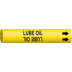 Snap-on pipe marker for identifying lube oil lines. Yellow background with black legend and directional arrows. Fits pipe outer diameters from 3/4 to 1-3/8 inches. Suitable for use in industrial piping systems requiring clear fluid identification.