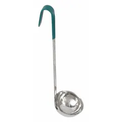 This CRESTWARE ladle is made of stainless steel with a teal finish. It has a 6 oz capacity and an overall length of 14 1/2 inches. The ladle is unfinished and not NSF certified. It is used for portioning and serving liquids such as soups, sauces, and gravies in commercial or institutional kitchens.