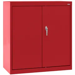 Stationary, assembled steel cabinet with welded frame base and two adjustable shelves. Red powder-coated finish, 24 ga panel thickness. Swing handle with keyed lock for secure storage. Suitable for organizing tools, parts, or supplies in commercial and industrial environments.