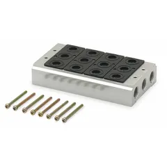 Side-ported body manifold from the MaxAir Series with four valve ports. Rated for 15°F to 122°F and 45 psi to 140 psi. Connections are Female 3/8 in NPT. Used to consolidate pneumatic valve connections in automated systems for efficient air distribution.