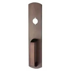 This mechanical exit device trim is designed for use with exit push bars on commercial doors. It features a night latch outside trim type and is ADA compliant. The trim is finished in bronze.