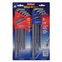 This L-shaped hex key set includes 16 or more pieces in both metric and SAE sizes. The keys feature a bright finish and a ball-hex extra-long design, allowing angled entry for accessing recessed fasteners in machinery, automotive, and equipment servicing applications.