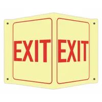 This V-shape projection exit sign is constructed of aluminum with mounting holes for secure wall or ceiling installation. It features glow-in-the-dark capability for visibility during power loss and is printed on one side. The nominal sign size is 6 inches by 7-1/2 inches. Suitable for marking emergency egress paths in commercial and industrial facilities