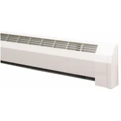 Assembled hydronic baseboard heater with white finish, 4 ft length. Copper tubing heating element with 3/4 in tube diameter and SWT connection, aluminum fins, includes back panel. Overall dimensions 48-3/4 in x 9-1/8 in x 3-3/8 in. Used in residential and light commercial hydronic heating systems to radiate heat via hot water circulation.