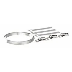 This build-your-own clamp kit includes a 10 ft length of 201 stainless steel band with 7/16 in width and 0.02 in thickness, plus three Screw-Seals. It is used to create custom clamps for securing hoses, tubes, and cables in industrial settings.