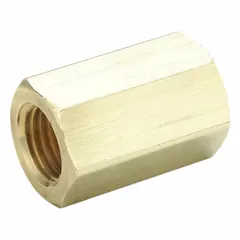 This brass flared fitting union joins two 1/4 in OD tubes with a 45-degree flare. It meets SAE J513 standards and is used in hydraulic, pneumatic, and fluid-handling systems for leak-resistant connections.
