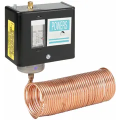 Steel-enclosed line voltage thermostat with fixed 5°F differential and DPST switch action (open/close on rise). Temperature control range 15° to 55°F, operates on 120 to 240V AC. Includes 20 ft capillary with 20 ft x 1/8 in bulb. Used for freeze protection in indoor spaces such as warehouses, boiler rooms, and mechanical areas.