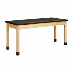 Fixed-height lab table with ChemGuard countertop, oak finish, and wood construction. Overall height 30 inches, length 6 feet. Suitable for laboratory environments requiring a stable work surface.