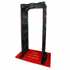 Standard walk-through metal detector for security screening at facility entrances. Features sound alerts and operates on corded power with lithium-ion battery backup. Dimensions: 86 5/8 in x 35 7/8 in x 35 7/8 in.