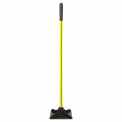 Hand tamper with a 10-inch wide steel blade and a 48-inch long fiberglass straight handle. Used for compacting soil, gravel, and sand in landscaping and construction tasks such as backfilling trenches and leveling paver bases.