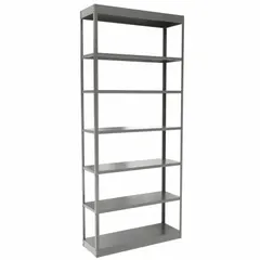 This HALLOWELL heavy-duty standalone shelving unit features a steel frame and steel shelves. It measures 36 inches wide by 12 inches deep with an overall height of 84 inches and includes seven shelves. The unit is unassembled and finished in gray. Typical applications include storage of bulk parts, tools, and equipment in industrial environments where full access from both sides is required.