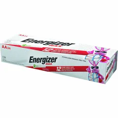 ENERGIZER Max AA alkaline battery delivering 1.5V DC in a 24-pack. Part of the Max standard battery series. Suitable for powering everyday devices such as remote controls, flashlights, toys, and clocks.
