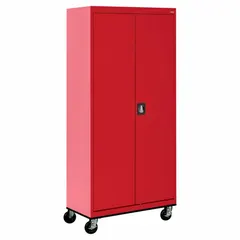 Mobile storage cabinet with a steel, powder-coated red finish and an assembled frame. Includes four adjustable shelves, a recessed keyed door handle, and a caster base for repositioning. Suitable for organizing tools, parts, or supplies in workshops, warehouses, and industrial facilities.