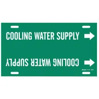Green pipe marker with white legend text reading 'Cooling Water Supply' and directional arrows. Fits pipe outer diameters of 10 to 15 inches. Used to identify cooling water supply lines in industrial piping systems