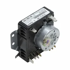 OEM dryer timer for controlling drying cycle duration in compatible clothes dryers. Manages heat and drum rotation timing for residential laundry appliances.