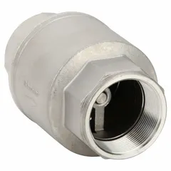 This 2-inch inline disc check valve features a 316 stainless steel body and disc, with FNPT x FNPT NPT connections. It is designed to prevent backflow in piping systems handling water, oil, gas, or chemicals, suitable for horizontal or vertical installation.