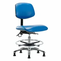ESD-safe task chair with blue vinyl seat and aluminum base. Features armless design, foot support, and back tilt 10.5° forward and 13.5° backward. Seat width 18 1/2", depth 17", height adjustable from 21 1/2" to 29". Suitable for static-sensitive work environments