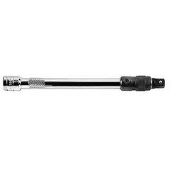 This 3/8" drive hand socket extension extends the reach of a ratchet or torque wrench to access fasteners in confined or recessed areas. It features a chrome finish and a locking mechanism to secure sockets. Commonly used in automotive repair, machinery maintenance, and general mechanical work.