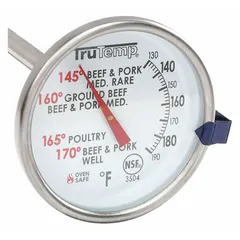 Analog stem thermometer with a 2 in dial, 4 in overall length, and 1/4 in diameter stem. Stainless steel case and glass lens. Accuracy ±2 °F. NSF certified and metal detectable. Used for monitoring internal temperatures of food during cooking and processing.