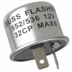 2-terminal flasher relay for 12V DC systems, rated 12.8 A with a flash rate of 2 to 6 per minute. Used in passenger vehicle turn-signal or hazard-light circuits to control lamp flash timing.