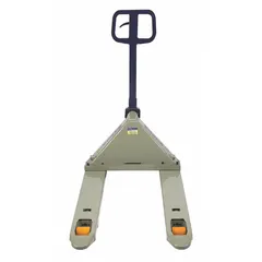 Low-profile pallet jack with 5,500 lb capacity. Forks are 48 in long, adjustable width from 21 in to 27 in, with 9 in to 15 in between forks. Suitable for lifting and moving palletized loads in warehouses and distribution centers.