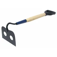 Mortar hoe with a perforated steel blade for mixing mortar in construction and masonry applications. Features a D-Grip handle and hardwood shaft. Blade measures 7 inches long and 4 3/4 inches wide.