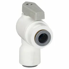Manual two-way ball valve with polypropylene body, full port ball port, and lever handle. Angle configuration with push x push connections. NSF 51 compliant for use in potable water, food processing, and other sanitary fluid handling systems requiring corrosion resistance.