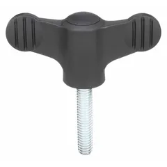 Wing knob with threaded stud for manual clamping and adjustment. Plastic body with stainless steel thread. 50 mm diameter, 5/16"-18 thread size, 20 mm thread length. Suitable for jigs, fixtures, and machinery requiring frequent hand tightening.