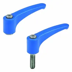 This visually-detectable handle from ELESA features a threaded hole with M8 thread, a 79 mm length, and a 14 mm thread length. Made of blue plastic (RAL 5005), it is used for clamping, positioning, and adjusting machinery components where clear visual identification is required.