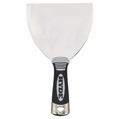 Corrosion-resistant spreading tool with stainless steel blade and plastic handle. Straight blade shape. Used for applying and smoothing joint compound, spackle, or adhesive in drywall finishing and general construction.