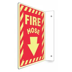 L-shape projection fire hose sign made of PETG with mounting holes for installation. Glow-in-the-dark feature ensures visibility in low-light conditions. Nominal sign size is 12 in x 9 in. Not retroreflective.
