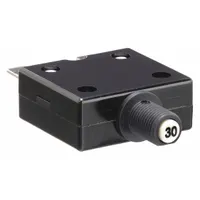 Front panel-mount miniature circuit breaker with push button reset. Rated 30 A, 125/250V AC and 32V DC. Features 3/8 in collar mounting and 1/4 in tab terminals. Depth 2.31 in. Used for overcurrent protection in control panels and power distribution