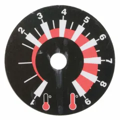 Replacement temperature-control dial for use with compatible heating equipment. This dial plate allows adjustment of temperature settings for precise regulation during operation. Genuine OEM part designed as a direct replacement component.